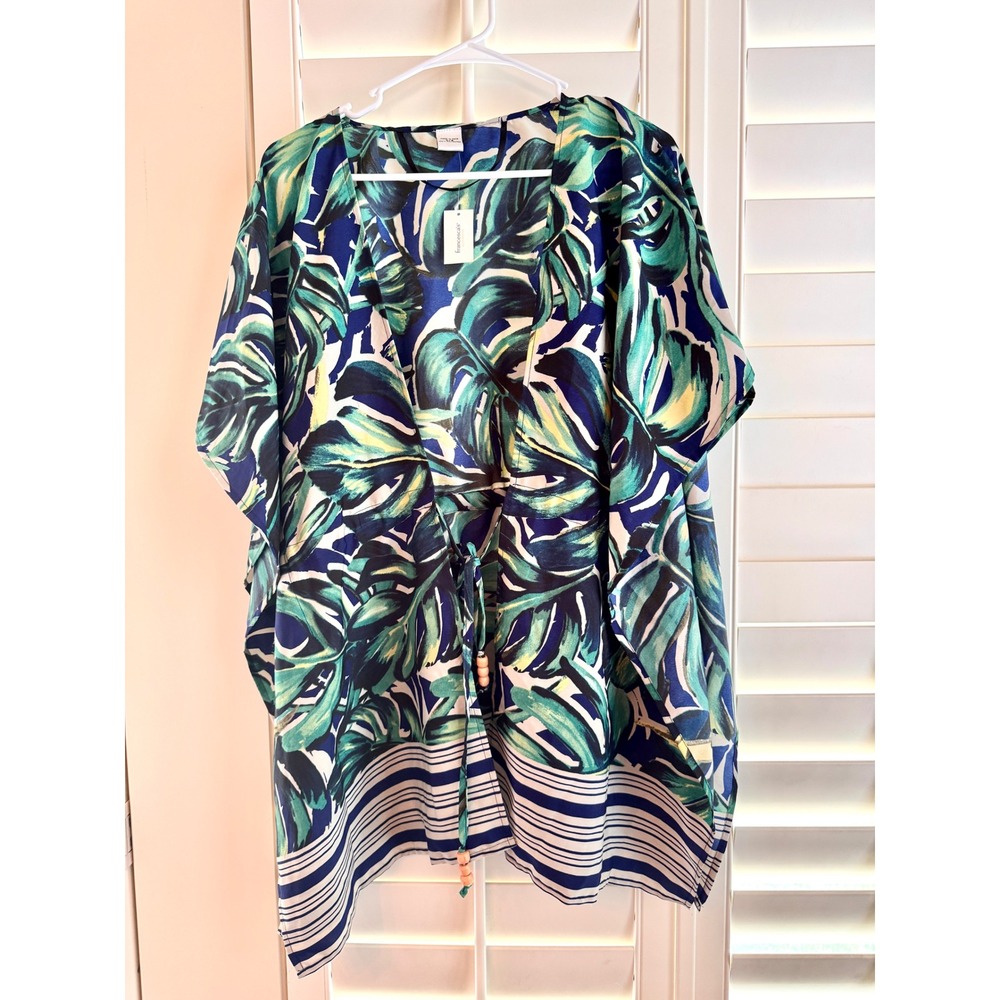 Francescas Tropical‎ Palm Leaf Kimono Beach Coverup Forest Green Blue O/S NWT